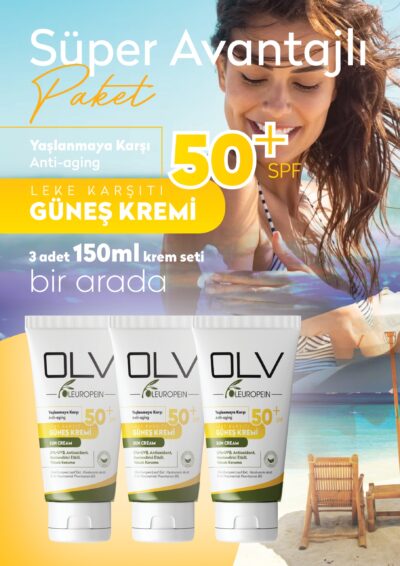 OLV SPF 50+ Yaşlanma Karşıtı & Leke Karşıtı Güneş Kremi (3*150 ml) 3’lü Süper Avantaj Paketi