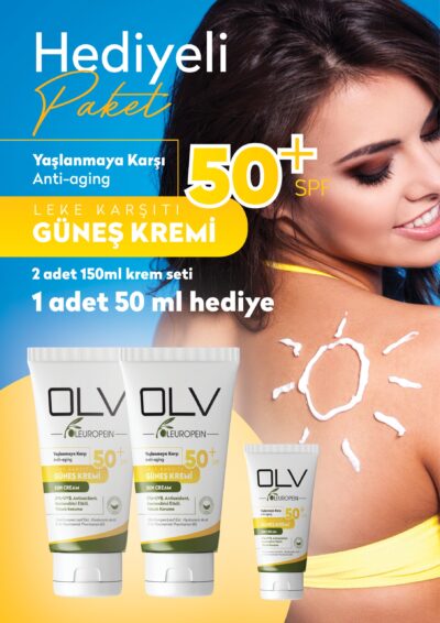OLV SPF 50+ Yaşlanma Karşıtı & Leke Karşıtı Güneş Kremi Seti 2×150 ml – 50 ml Hediye Paket